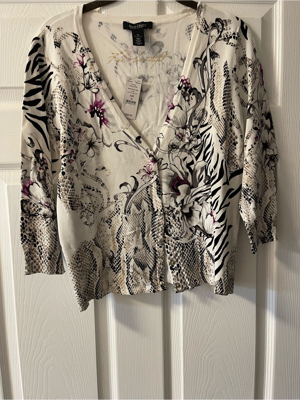 White House Black Market White Floral Print V-Neck Cardigan with Pink Highlights